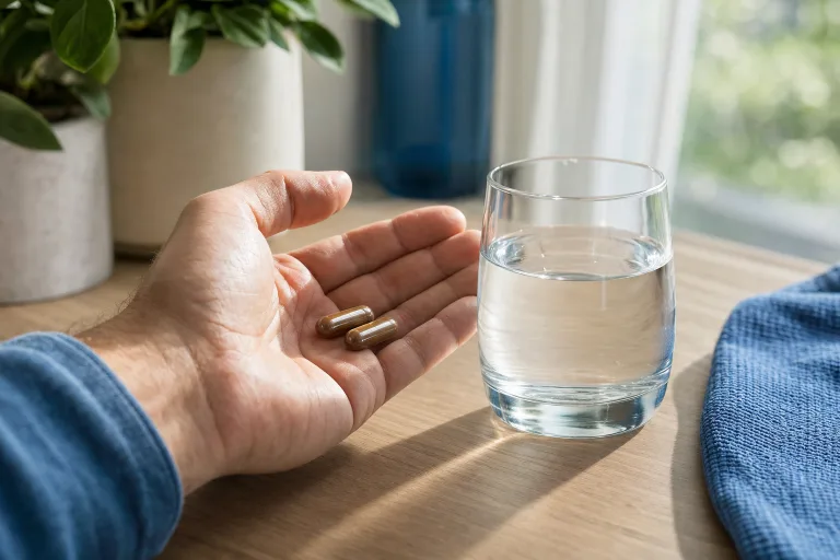 Капсули Adenofrin со чаша вода, утринска рутина за поддршка на простатата